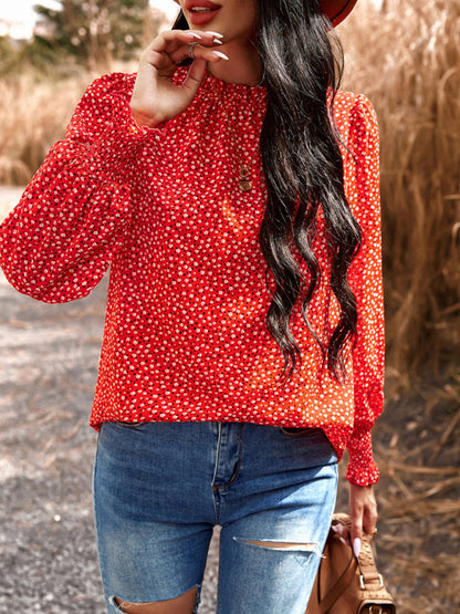 Temperament commuting lantern sleeve printed long-sleeved top