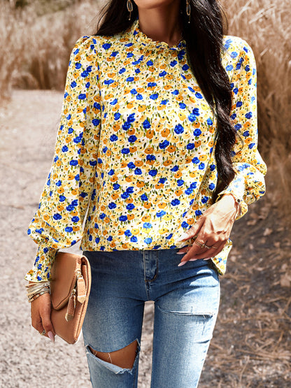 Temperament commuting lantern sleeve printed long-sleeved top