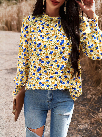 Temperament commuting lantern sleeve printed long-sleeved top