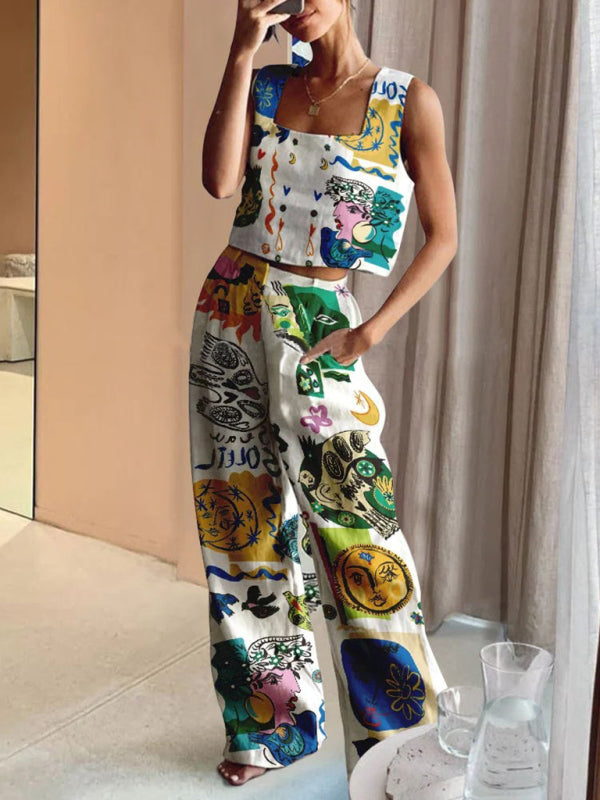 New women's printed wide-leg pants + vest casual fashion two-piece suit