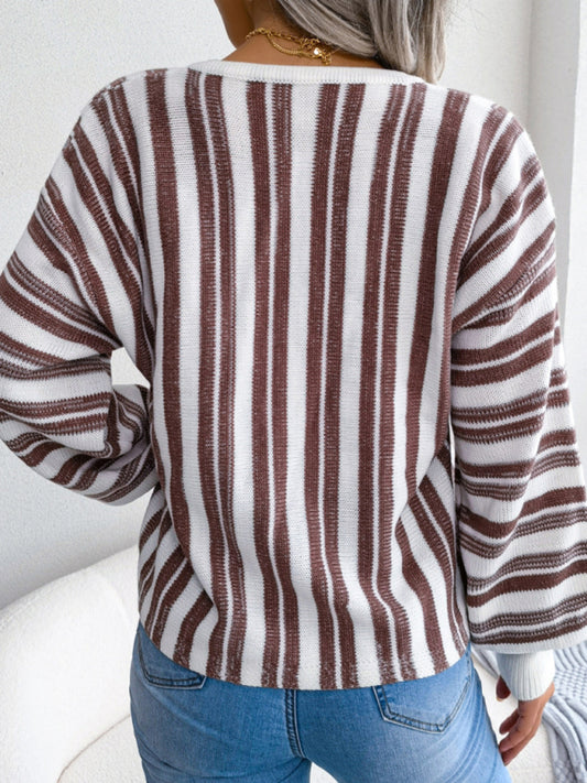 Casual Color Contrast Stripe Tie Lantern Sleeve Pullover Sweater