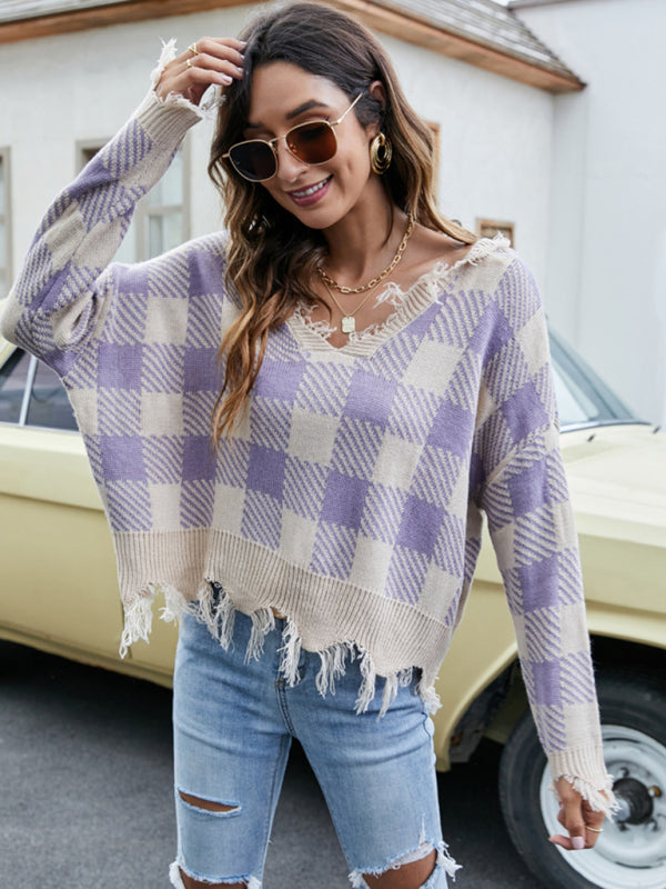 New Pullover Cropped V Neck Leopard Fringe Knit Sweater