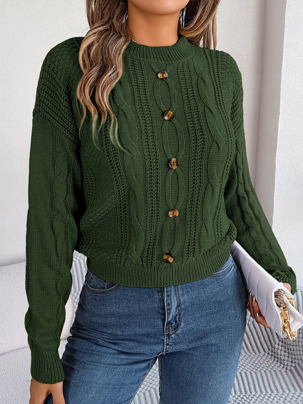 New casual solid color button twist long-sleeved pullover sweater
