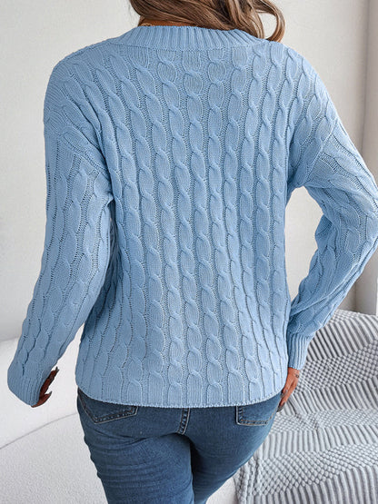 New casual solid color twist long-sleeved V-neck sweater