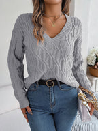 New casual solid color twist long-sleeved V-neck sweater