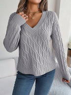 New casual solid color twist long-sleeved V-neck sweater