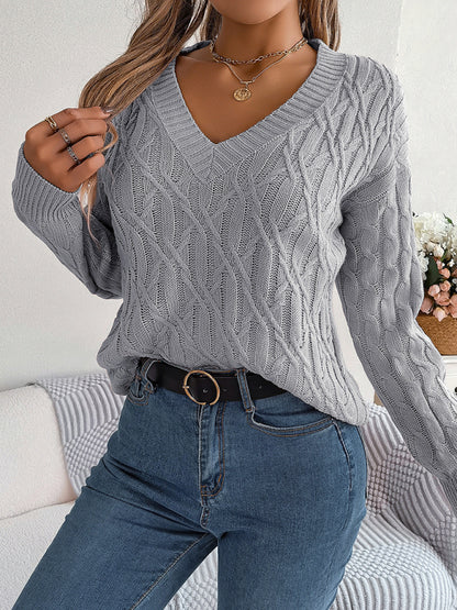 New casual solid color twist long-sleeved V-neck sweater