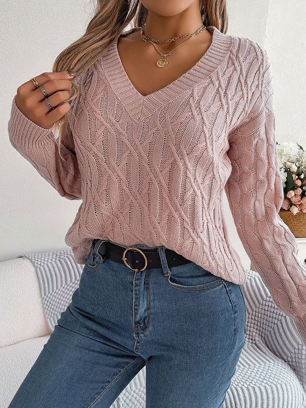 New casual solid color twist long-sleeved V-neck sweater