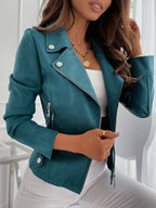 Women's lapel studded diagonal zipper buckskin jacket