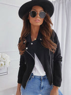Women's lapel studded diagonal zipper buckskin jacket
