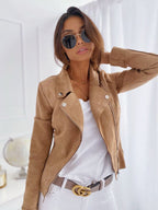 Women's lapel studded diagonal zipper buckskin jacket