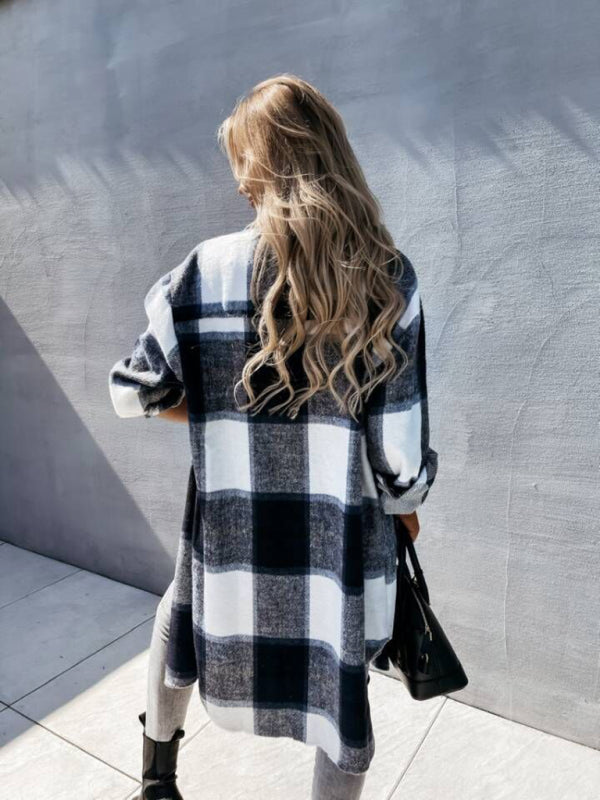 Women's single-breasted plaid long-sleeved shirt jacket