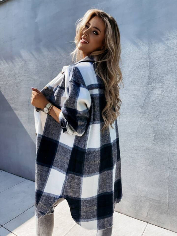 Women's single-breasted plaid long-sleeved shirt jacket