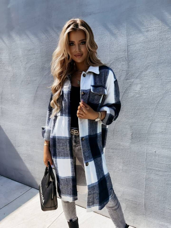 Women's single-breasted plaid long-sleeved shirt jacket