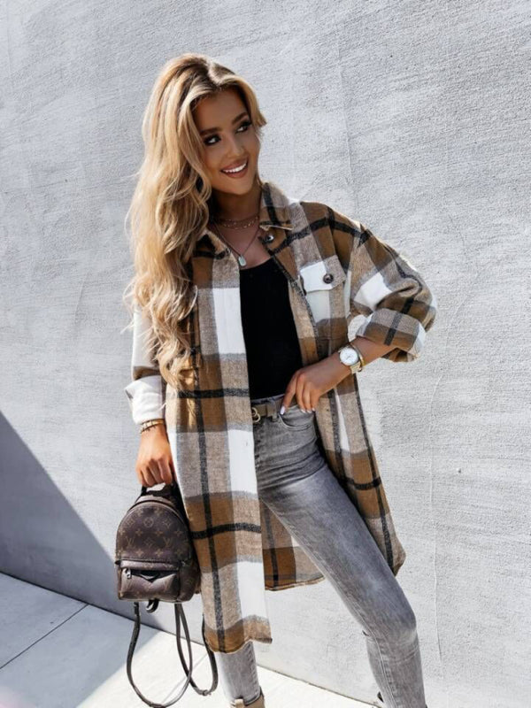 Women's single-breasted plaid long-sleeved shirt jacket