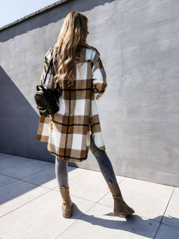 Women's single-breasted plaid long-sleeved shirt jacket