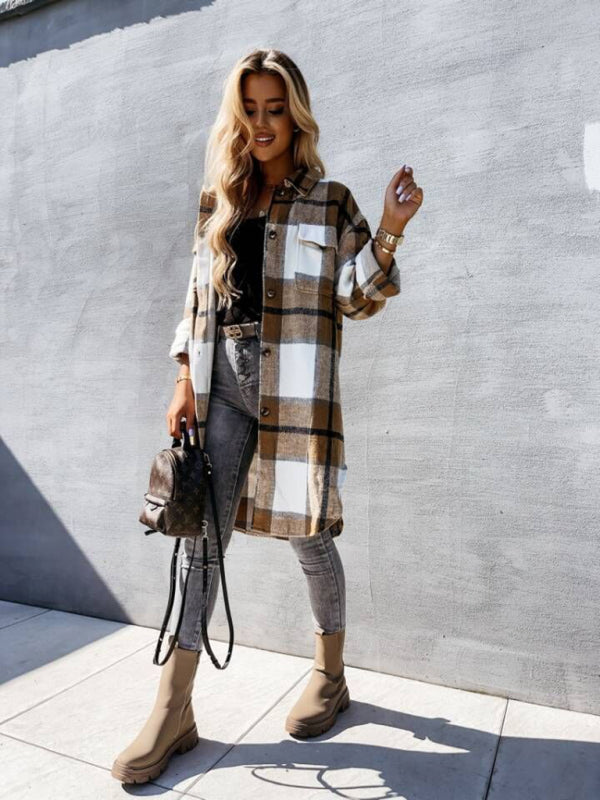 Women's single-breasted plaid long-sleeved shirt jacket