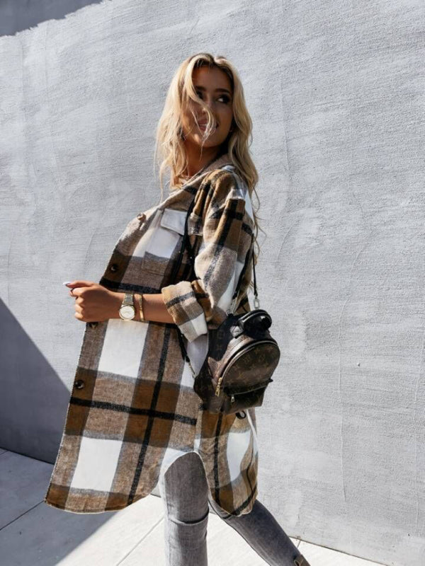 Women's single-breasted plaid long-sleeved shirt jacket