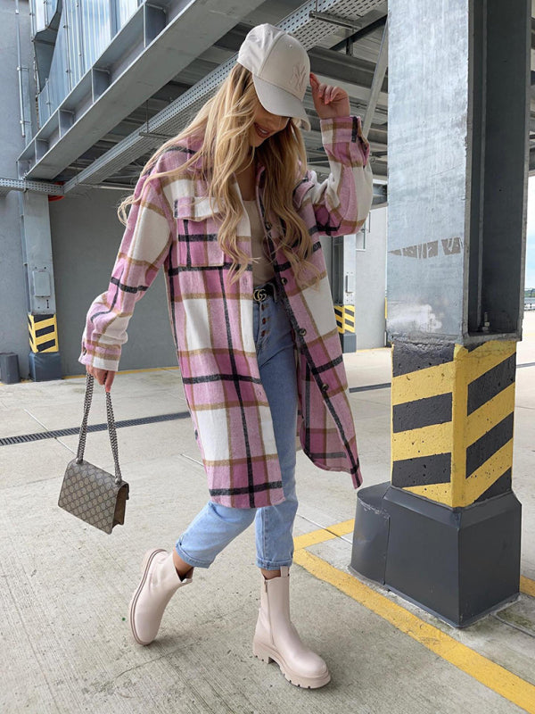 Women's single-breasted plaid long-sleeved shirt jacket