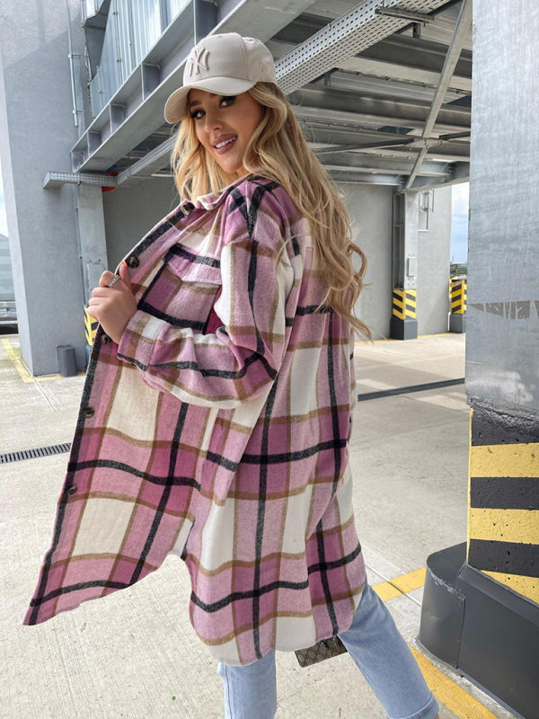 Women's single-breasted plaid long-sleeved shirt jacket