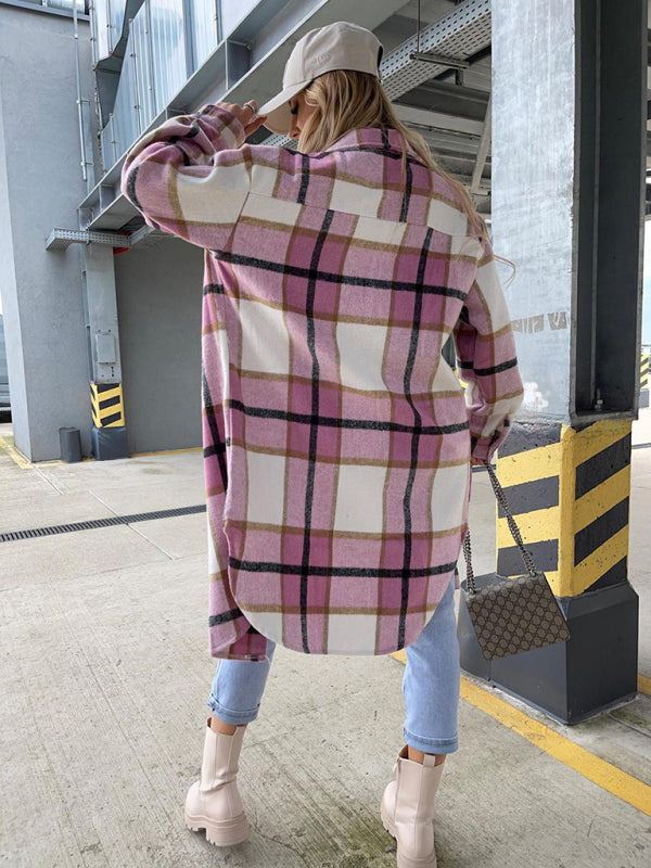 Women's single-breasted plaid long-sleeved shirt jacket