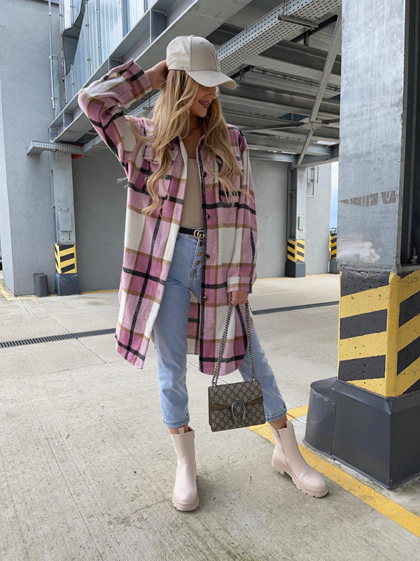 Women's single-breasted plaid long-sleeved shirt jacket
