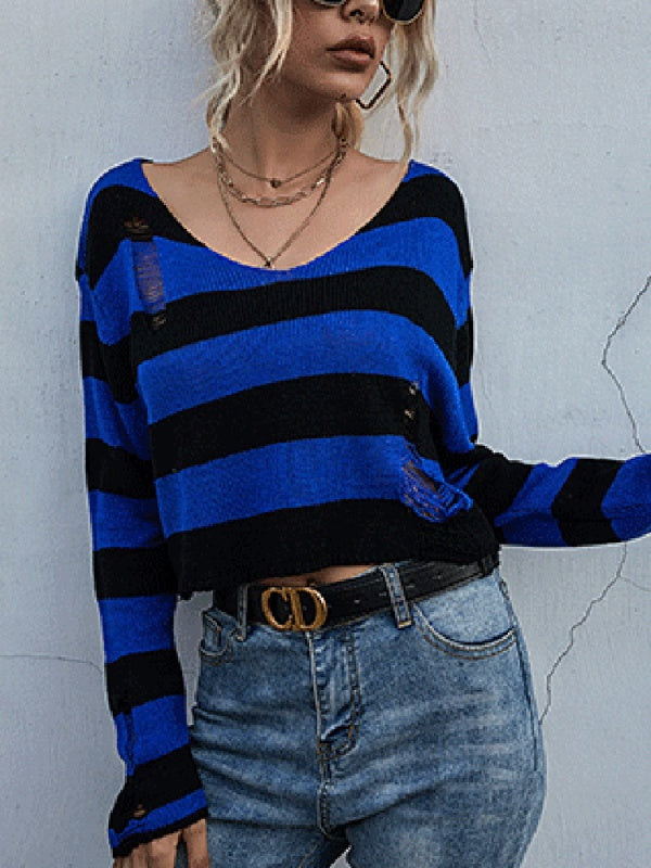 New women's striped v-neck loose short knitted bottoming sweater
