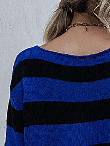 New women's striped v-neck loose short knitted bottoming sweater