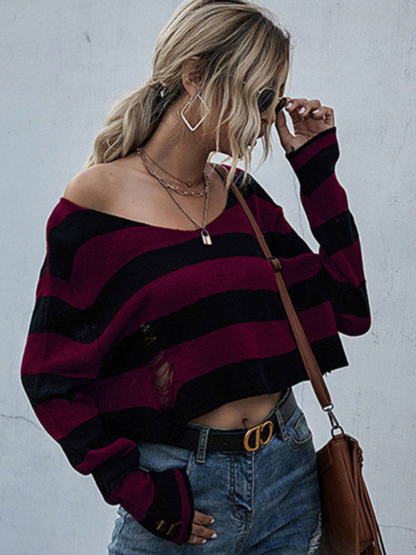 New women's striped v-neck loose short knitted bottoming sweater