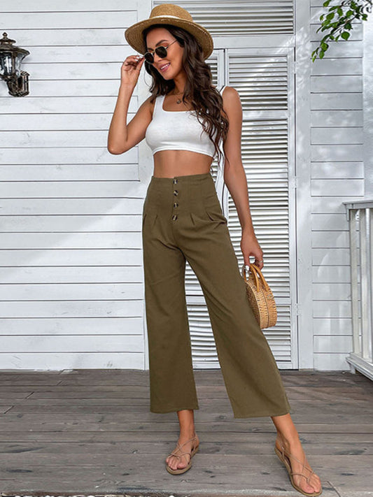 New women's nine-point pants high-waisted cotton and linen slim-fit micro-flared pants