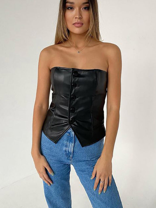 New PU leather single-breasted bateau collar slim and sexy backless tube top