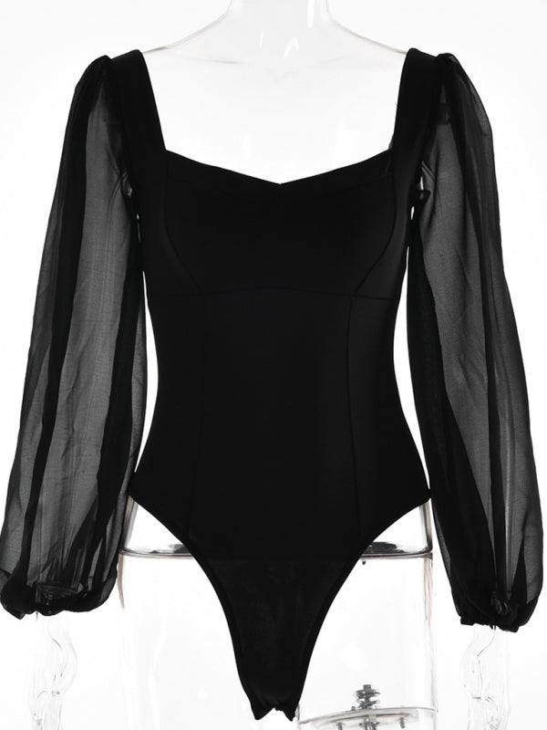 Square neck sexy backless long sleeve bodysuit