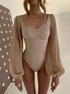Square neck sexy backless long sleeve bodysuit