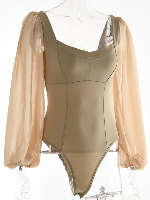Square neck sexy backless long sleeve bodysuit