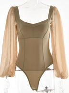 Square neck sexy backless long sleeve bodysuit