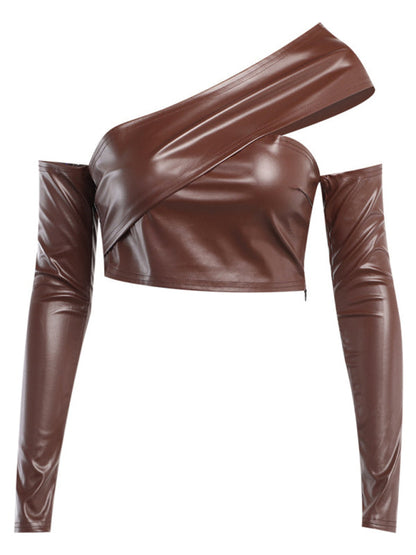 New gathered imitation leather crop top   tight slit hip skirt suit