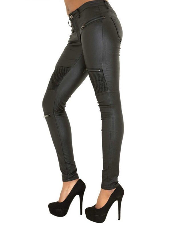 Women's PU skinny pants with multi-zip motorcycle trousers