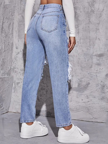 Women's washed ripped high waist straight trousers
