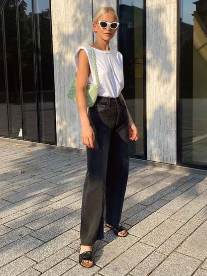New high-waist floor-length loose slimming straight wide-leg jeans