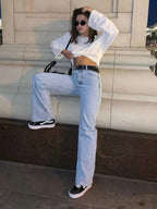 New high-waist floor-length loose slimming straight wide-leg jeans
