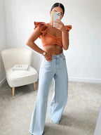 New high-waist floor-length loose slimming straight wide-leg jeans