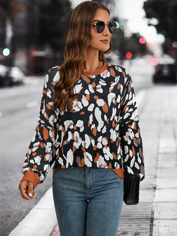 New round neck dropped shoulder lantern sleeve printed top