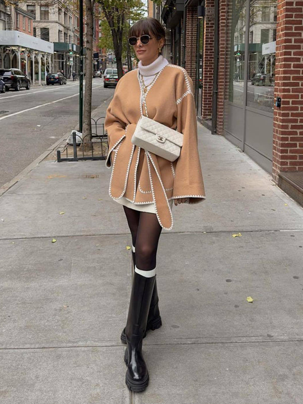 New V-neck lace-up cardigan jacket belt lace design jacket jacket
