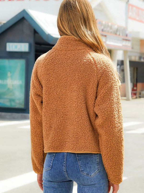 New cardigan zipper long sleeve plush patchwork jacket