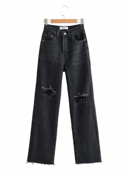Street loose jeans, ripped raw edge straight pants, floor mopping pants