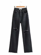 Street loose jeans, ripped raw edge straight pants, floor mopping pants