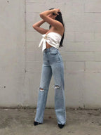 Street loose jeans, ripped raw edge straight pants, floor mopping pants