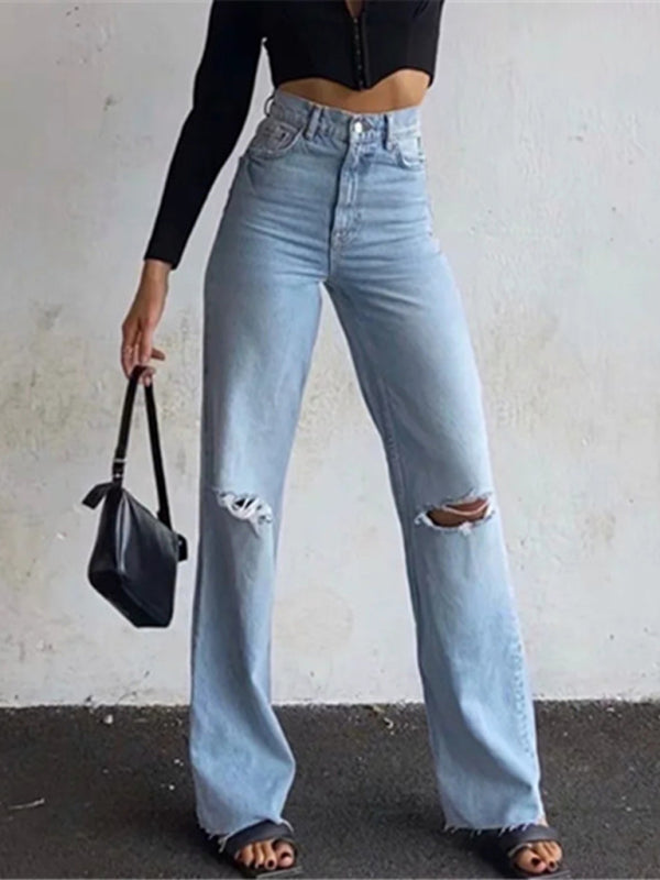 Street loose jeans, ripped raw edge straight pants, floor mopping pants