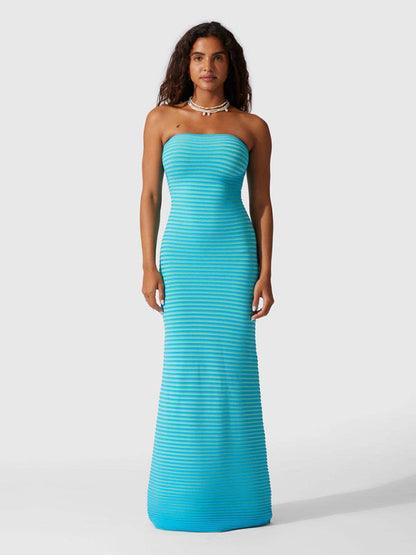 Tube top long knitted striped sexy slim fit hip-hugging dress