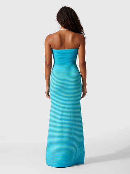 Tube top long knitted striped sexy slim fit hip-hugging dress